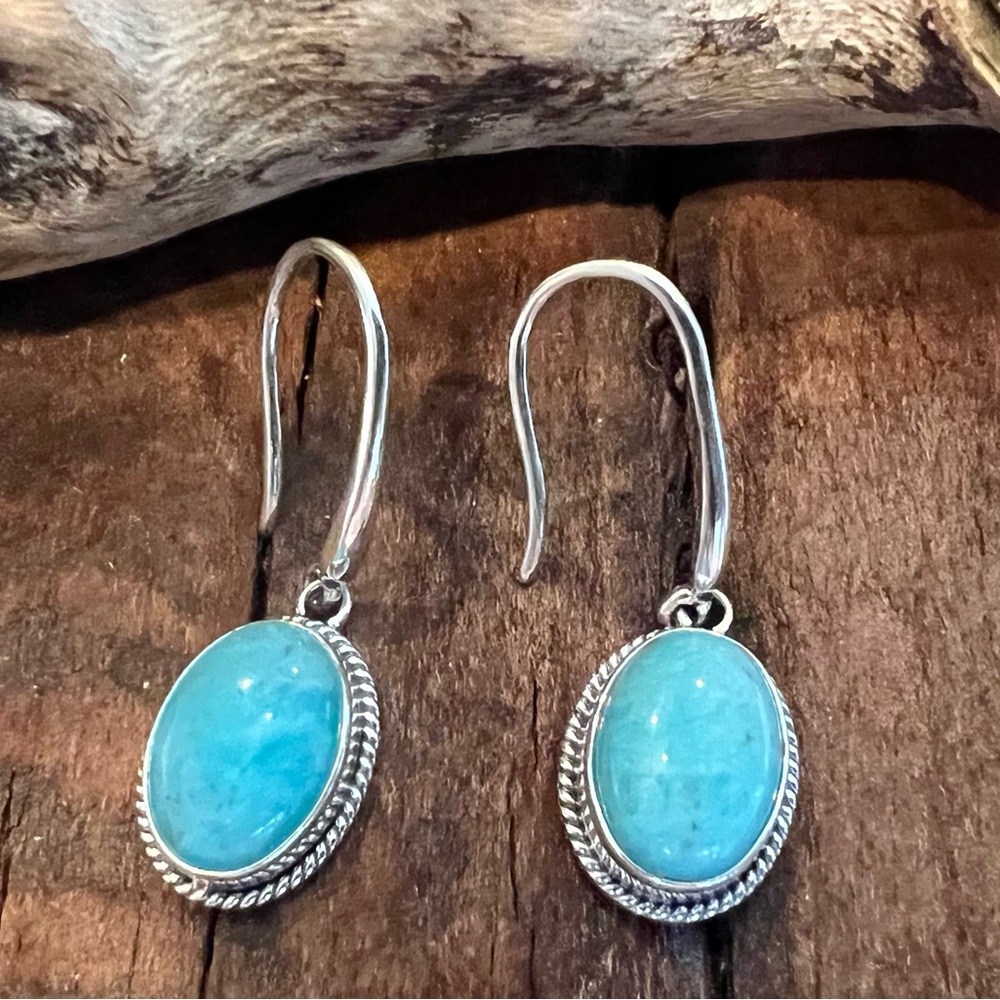 NWT Bali Blue Green Amazonite Earrings Sterling Hooks Gem Natural Stone Beach
